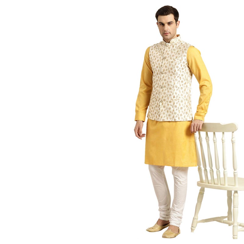 Sojanya (Since 1958 Men'S Silk Blend, Cream & Gold Embroidered Nehru Jacket, Size 38 - Image 4